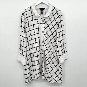 Ali Miles Tunic Top Shirt Size L XL Stretch 3/4 Sleeves Sheer Button Up Artsy